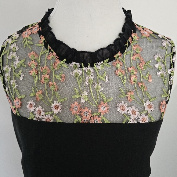 Karl Lagerfeld Paris Embroidered Floral Neckline Black Dress - Picture 2 of 10